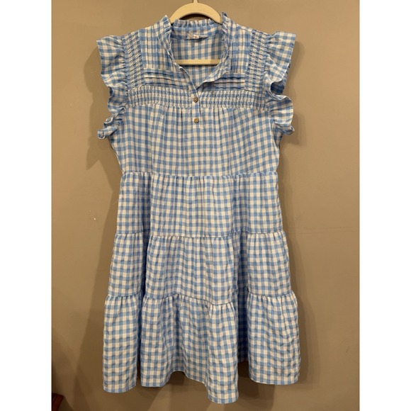 THML Dresses & Skirts - THML Blue Gingham Check Ruffle Tiered Mini Dress Large Preppy Feminine  Picnic